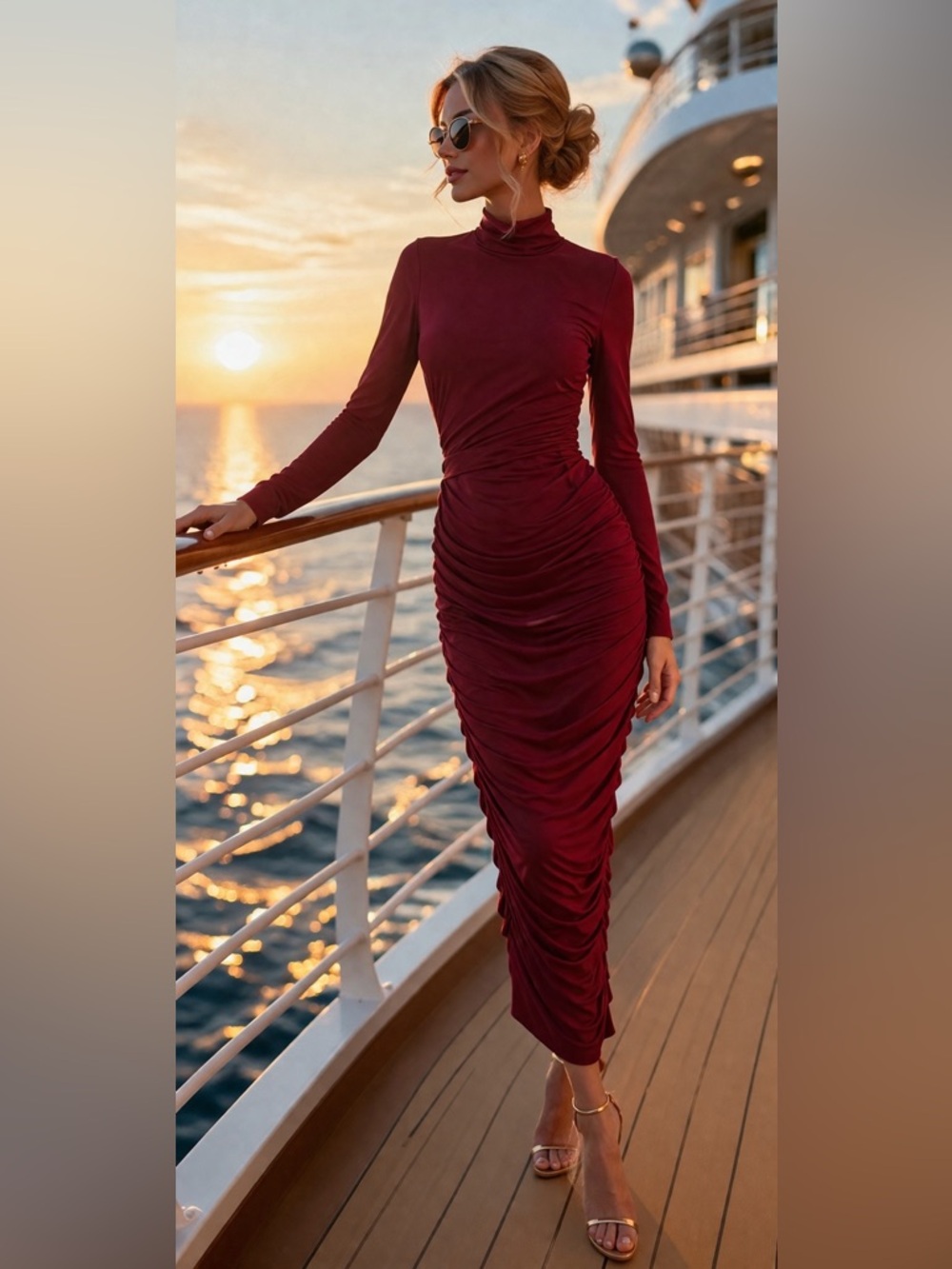 NWT OYS Burgundy Ruched Midi Dress Small Luxe Bodycon Mock Neck Cruise Chic Glam